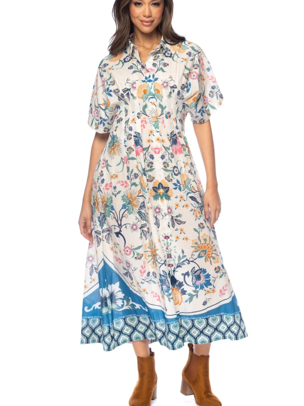 Floral Button-Front White Maxi Dress with Teal Border